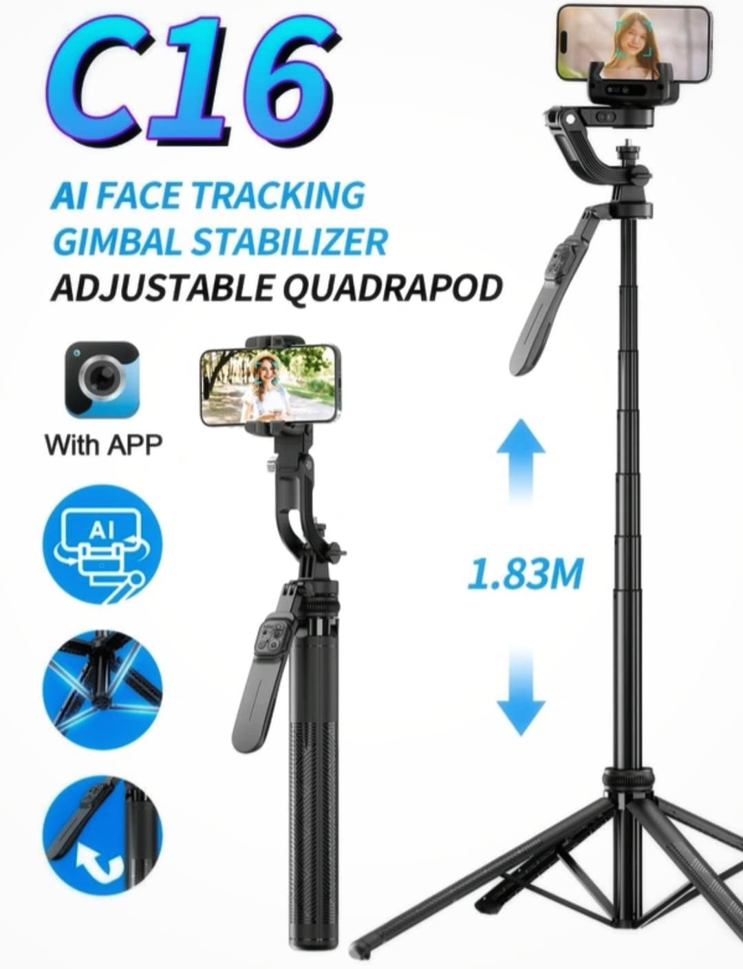 C16 AI Gimbal – 360° Smart Tracking | Auto Face/Object Recognition