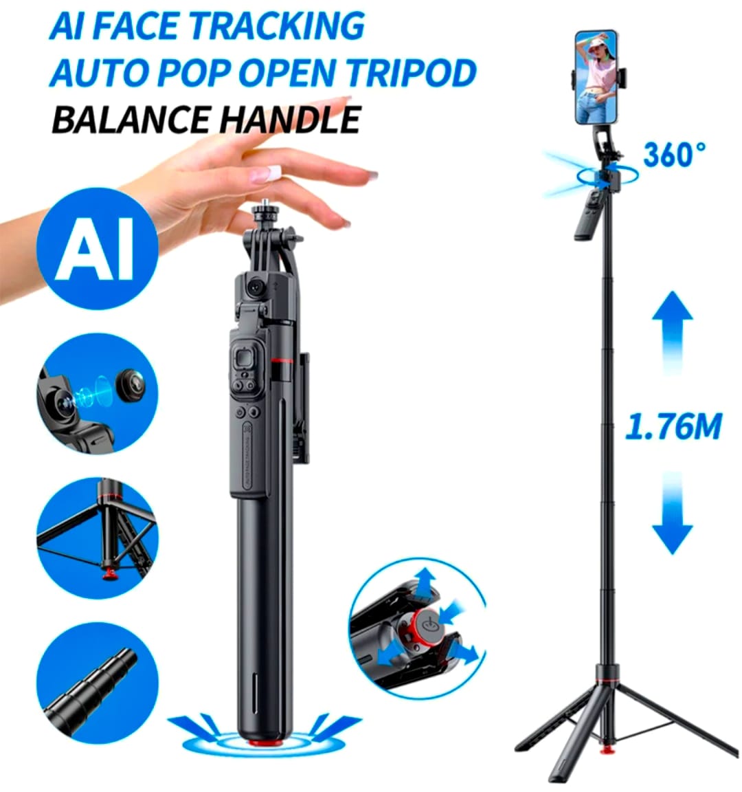 TT07 AI Face Tracking 360° Selfie Stick Tripod (1.76m, Black)
