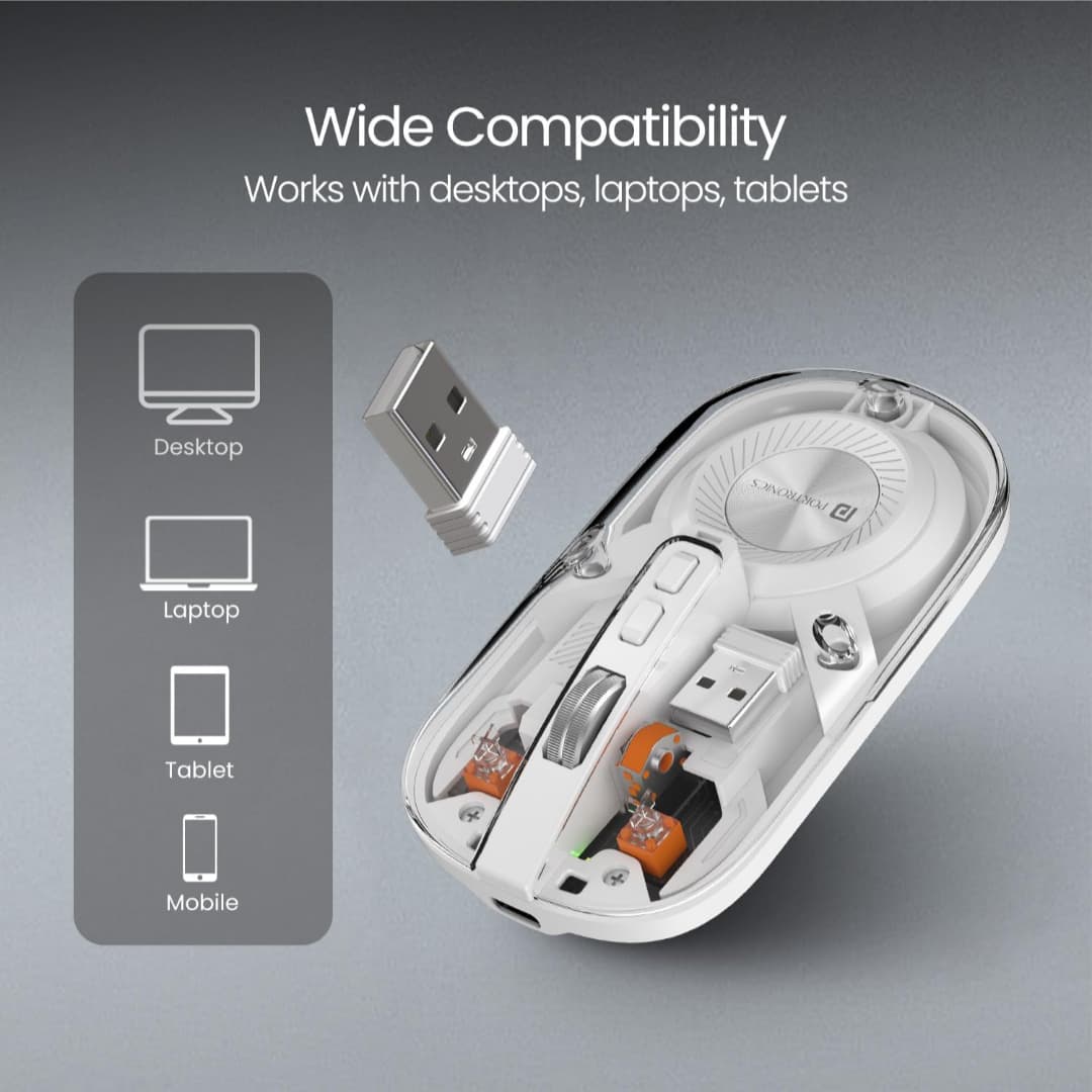 Transparent Wireless Bluetooth Mouse with Dual Connectivity & Rechargeable Battery (White)