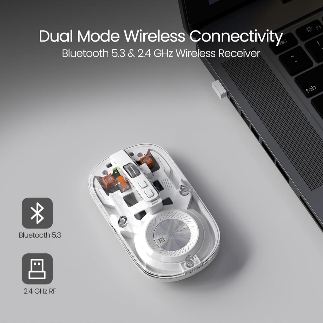 Transparent Wireless Bluetooth Mouse with Dual Connectivity & Rechargeable Battery (White)