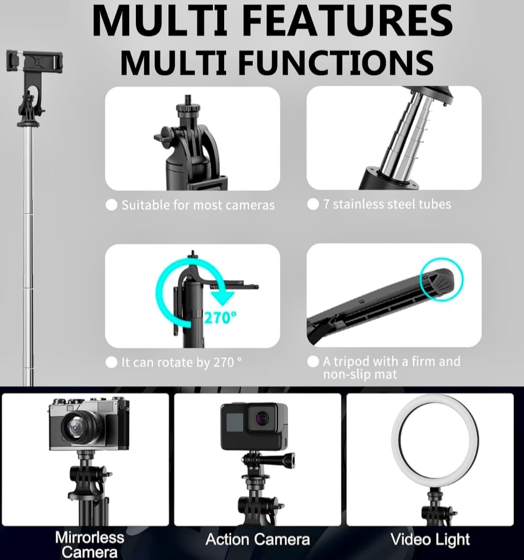 Q06 4-in-1 Bluetooth Selfie Stick Tripod – 62" Extendable