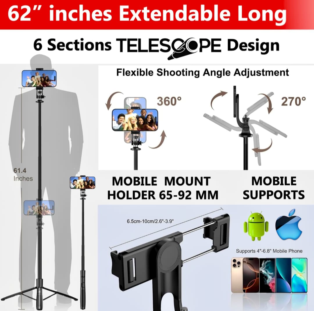 Q06 4-in-1 Bluetooth Selfie Stick Tripod – 62" Extendable