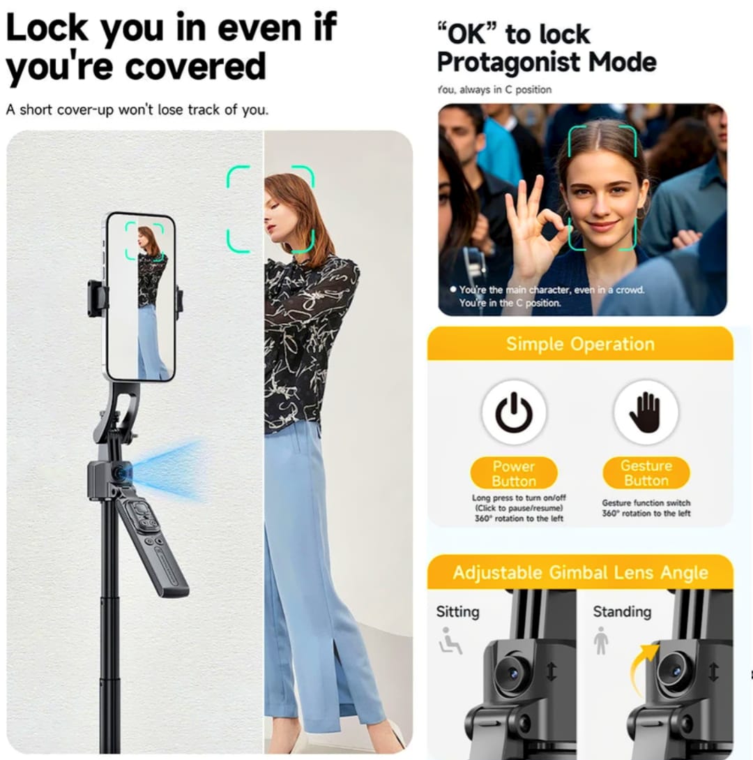 TT07 AI Face Tracking 360° Selfie Stick Tripod (1.76m, Black)