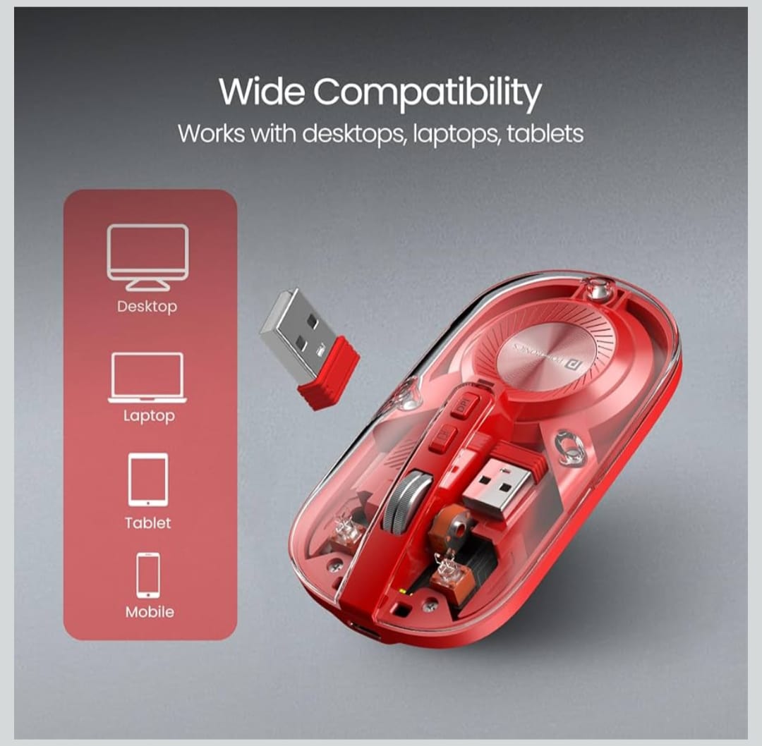 Transparent Wireless Bluetooth Mouse with Dual Connectivity & Rechargeable Battery